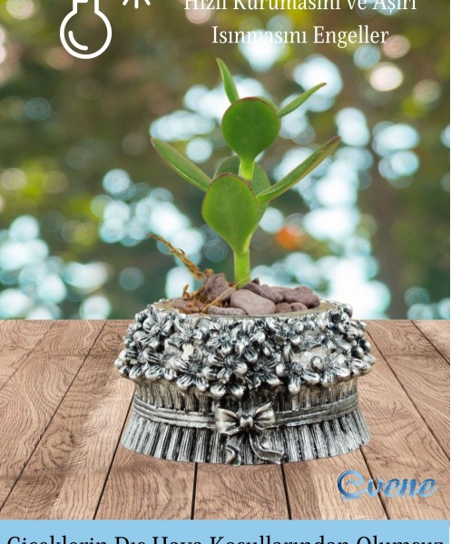 Mini Çiçek Saksı Küçük Sukulent Gümüş Eskitme Kaktüs Saksısı Çiçekli Fiyonklu Model